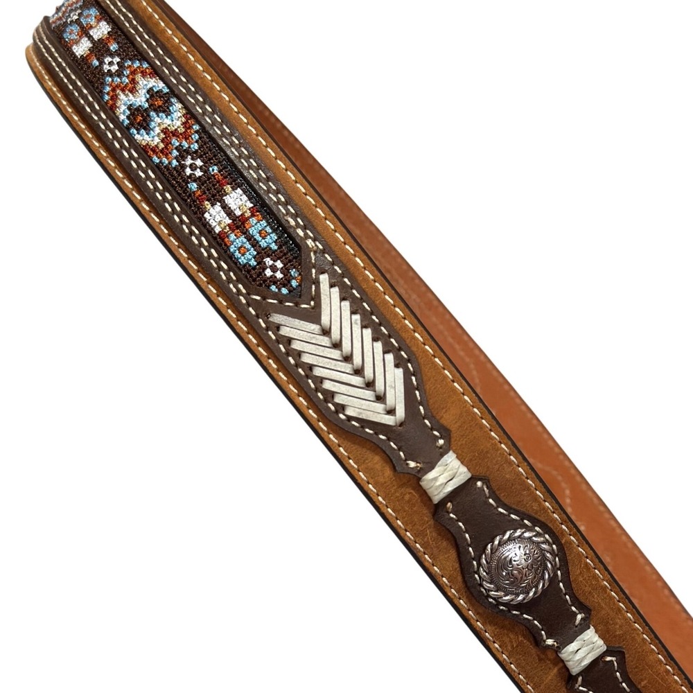 Nocona Belt Co Western Leather Belt Mens 44 Brown Beaded Buckstitch Cowboy Belt